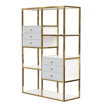 White and Gold Geometric Bookcase 6 Shelves & 6 Drawers Bookshelf-Bookcases & Bookshelves,Furniture,Office Furniture